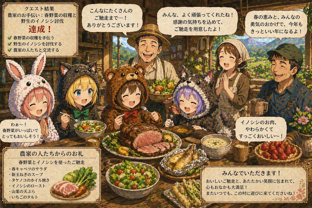 【All0430c】収穫のお手伝いのお礼に春野菜と討伐した野生の豚を使ったご馳走を農家の人達が作ってくれたので美味しく頂いた。（モデル: ChatGPT）