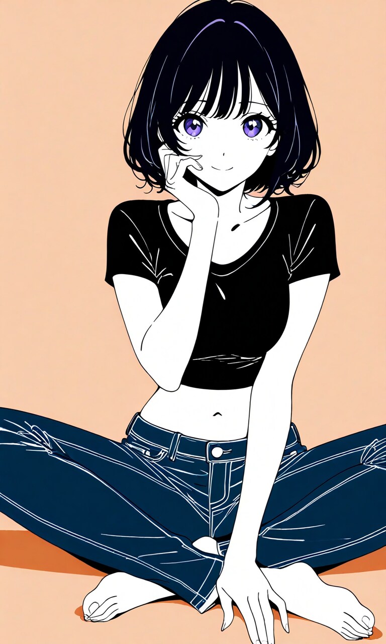 ボブ、Tシャツ、ジーンズ、あぐら | の人気AIイラスト・グラビア