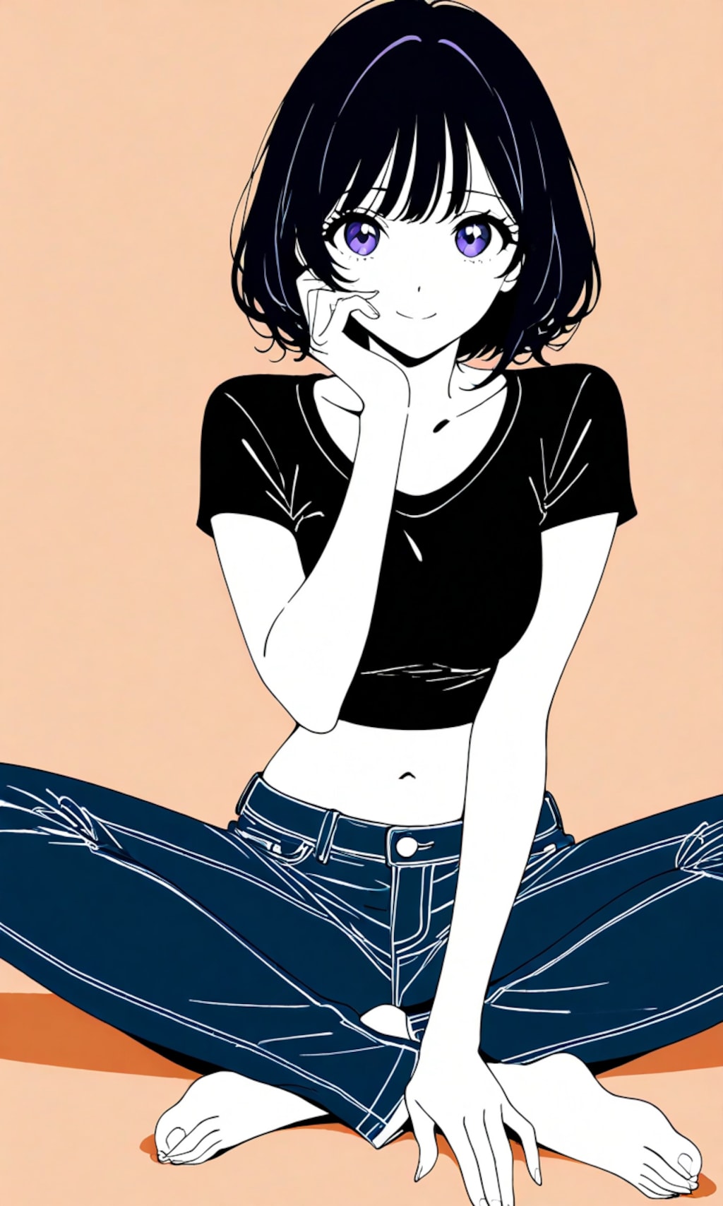 ボブ、Tシャツ、ジーンズ、あぐら