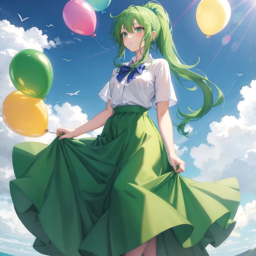 いっぱい色とりどりの風船を持つ緑髪ポニーテールのセーラー服ロングスカートの美少女