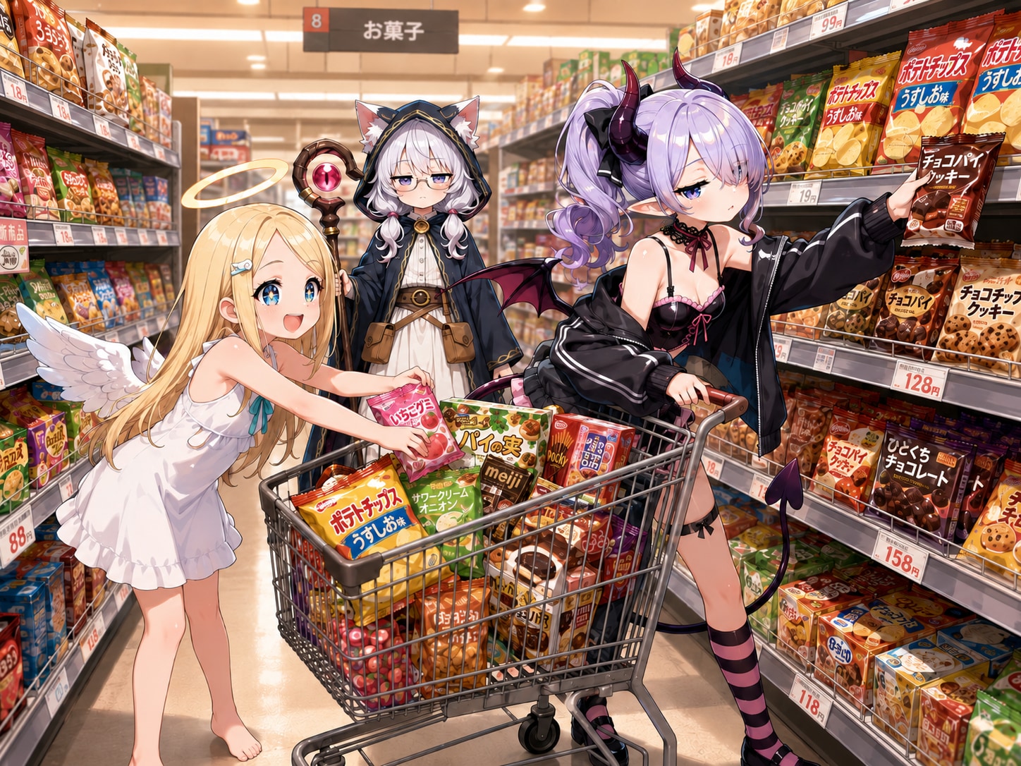 スーパーで買い物中のネコミミ召喚士と使い魔の小悪魔と駄天使