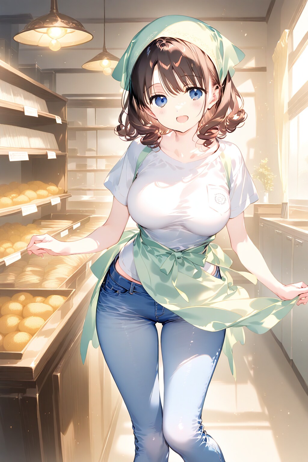 肉感のあるパンコーナーの店員さん