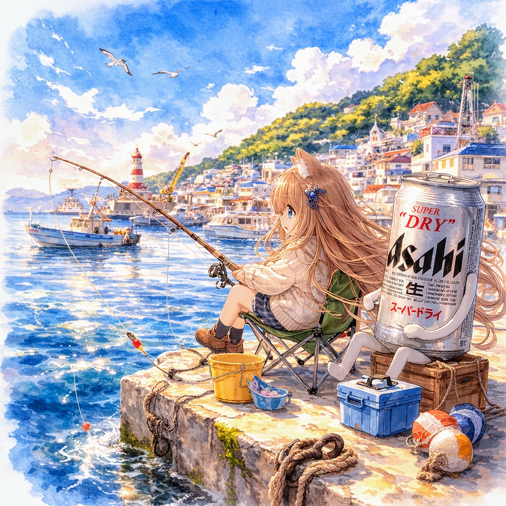 港町で釣りをしている小さな女の子