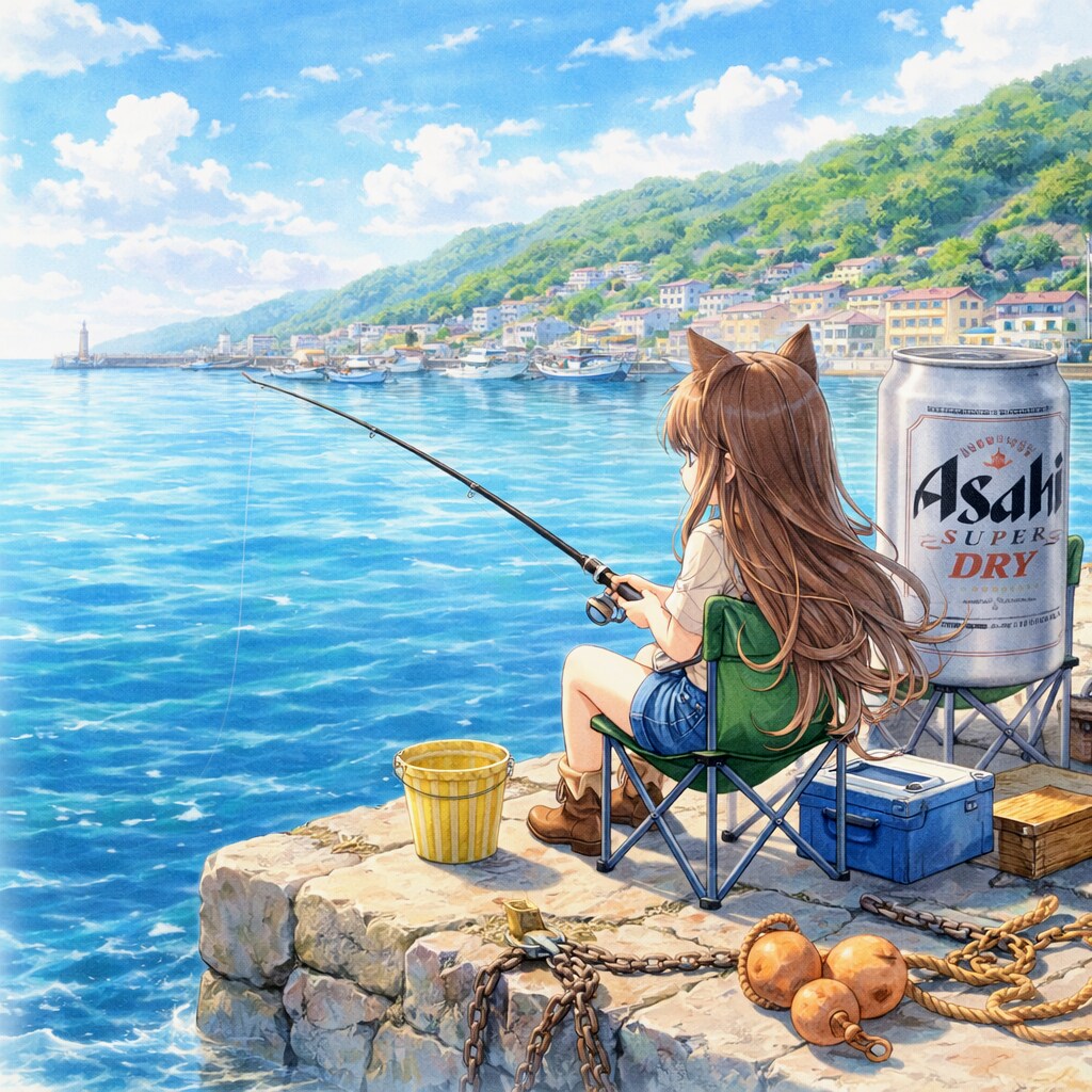 港町で釣りをしている小さな女の子