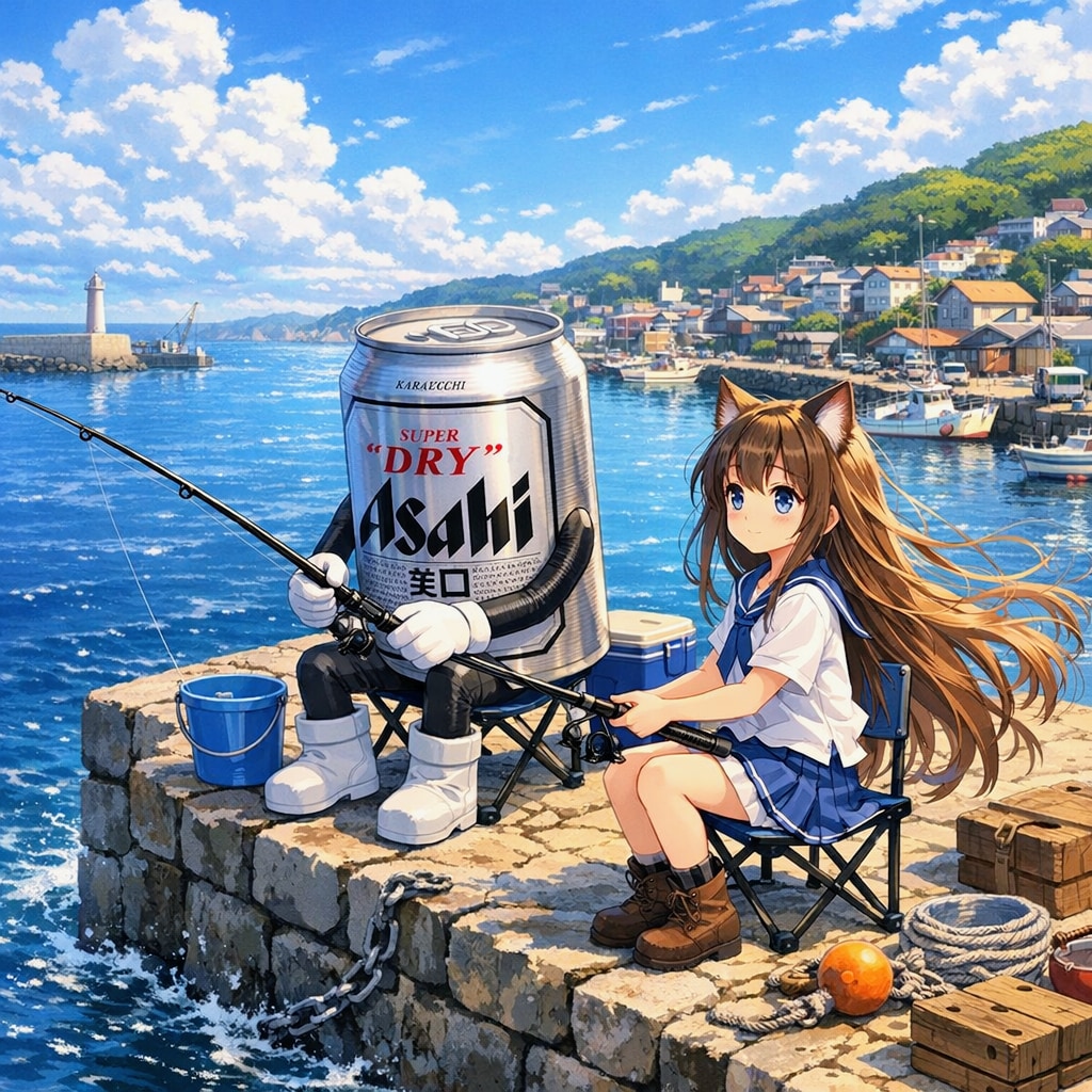 港町で釣りをしている小さな女の子