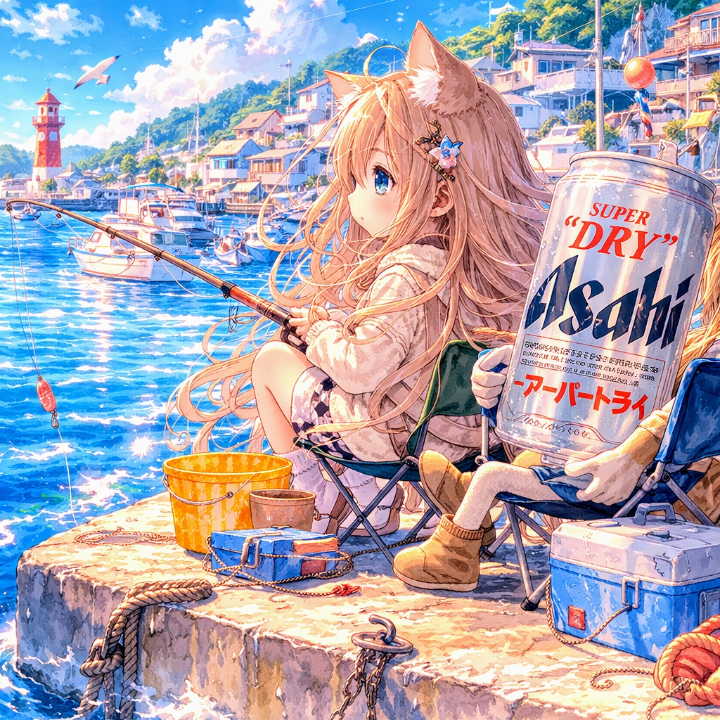 港町で釣りをしている小さな女の子