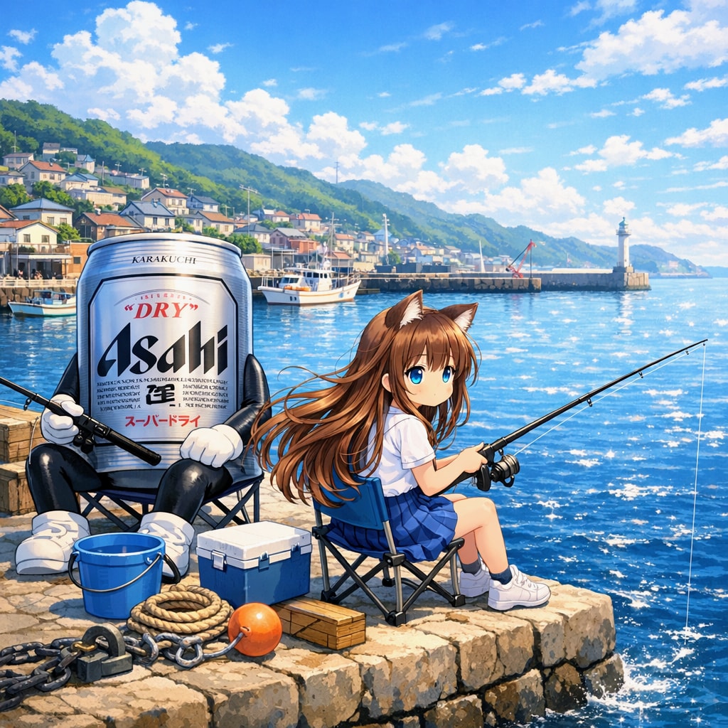 港町で釣りをしている小さな女の子