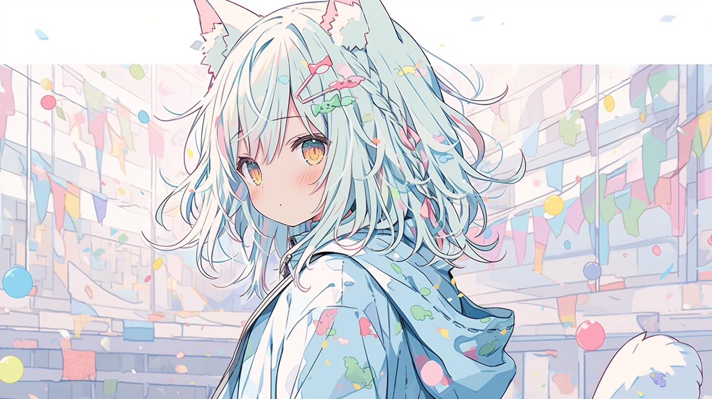 紙吹雪舞う祭りで微笑む猫耳少女