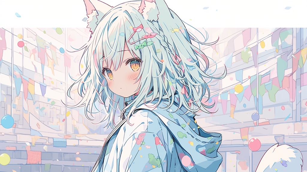 紙吹雪舞う祭りで微笑む猫耳少女