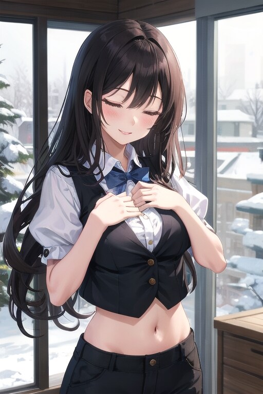 かっこかわいいパフ袖好きのタキシード美少女のロマンティックな雪見