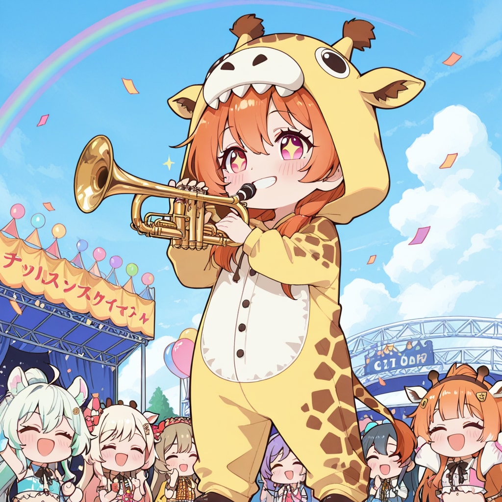みんなで楽器を演奏するキリン着ぐるみちび子ちゃん