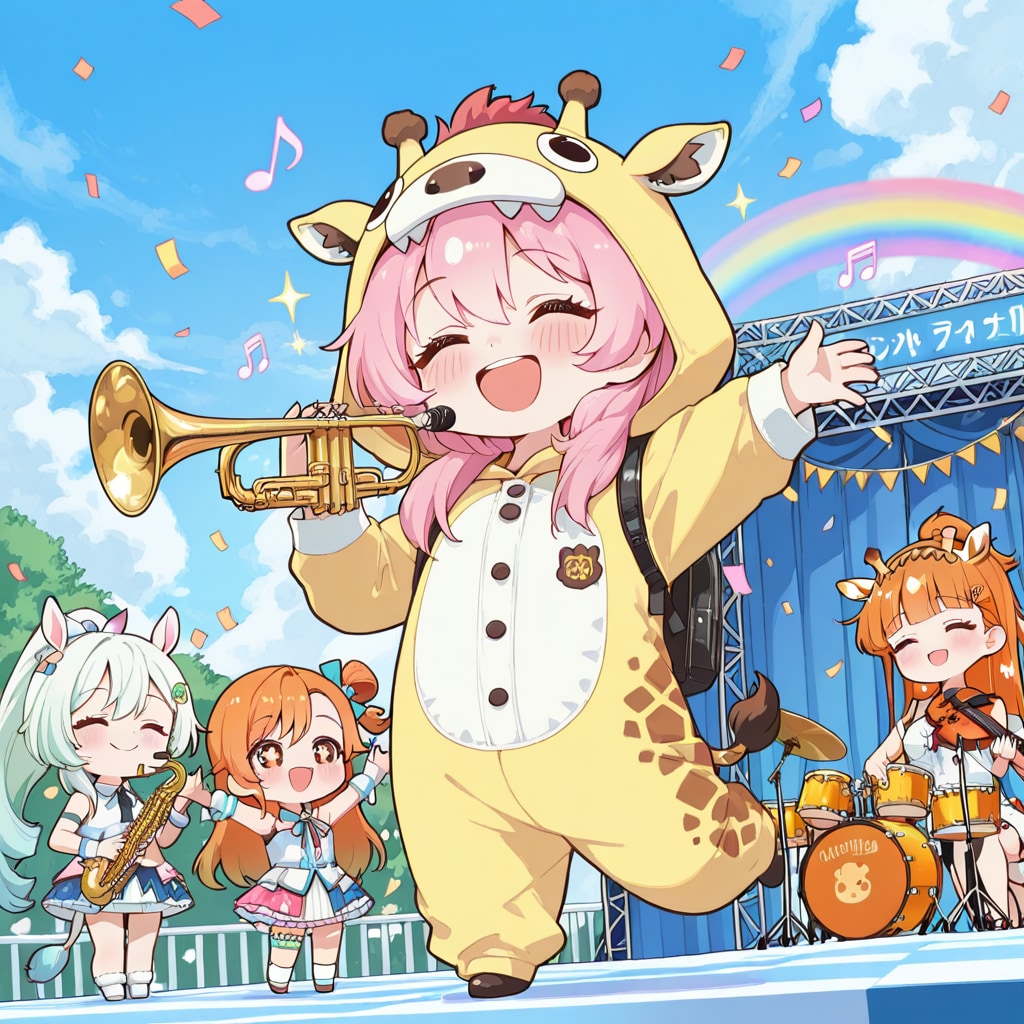 みんなで楽器を演奏するキリン着ぐるみちび子ちゃん