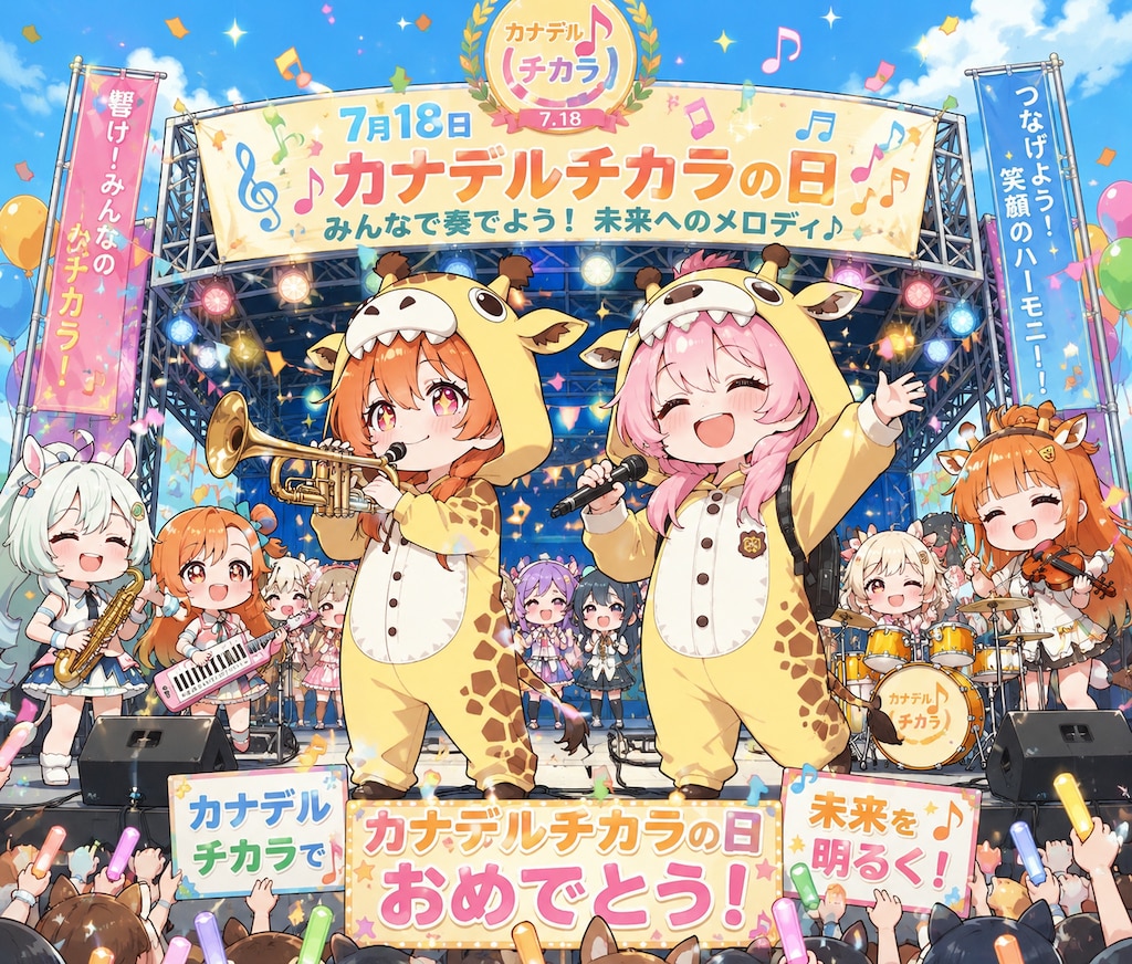 みんなで楽器を演奏するキリン着ぐるみちび子ちゃん