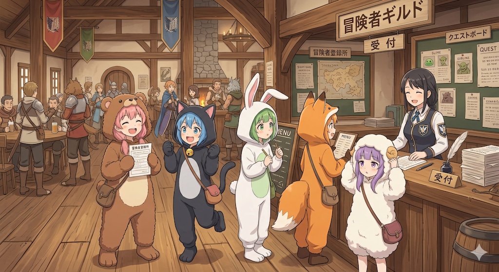 【All0403a】きぐるみパーティ冒険者ギルドに登録する（モデル: NanoBanana2無料版）