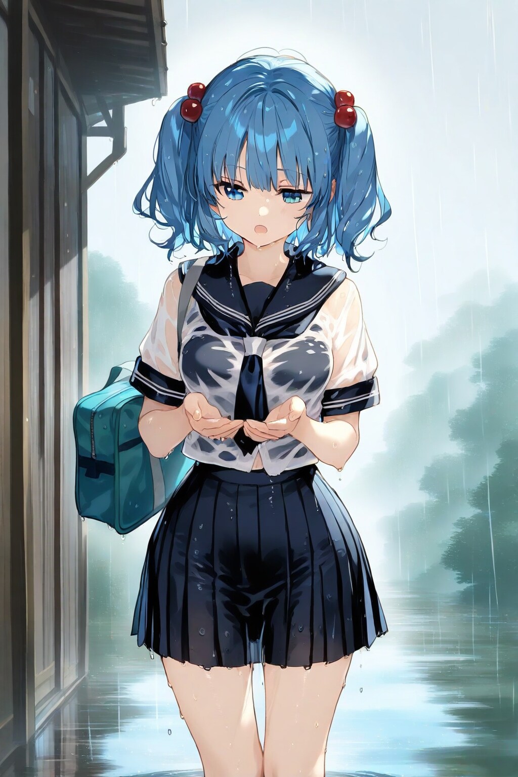 濡れた制服にとりと大雨