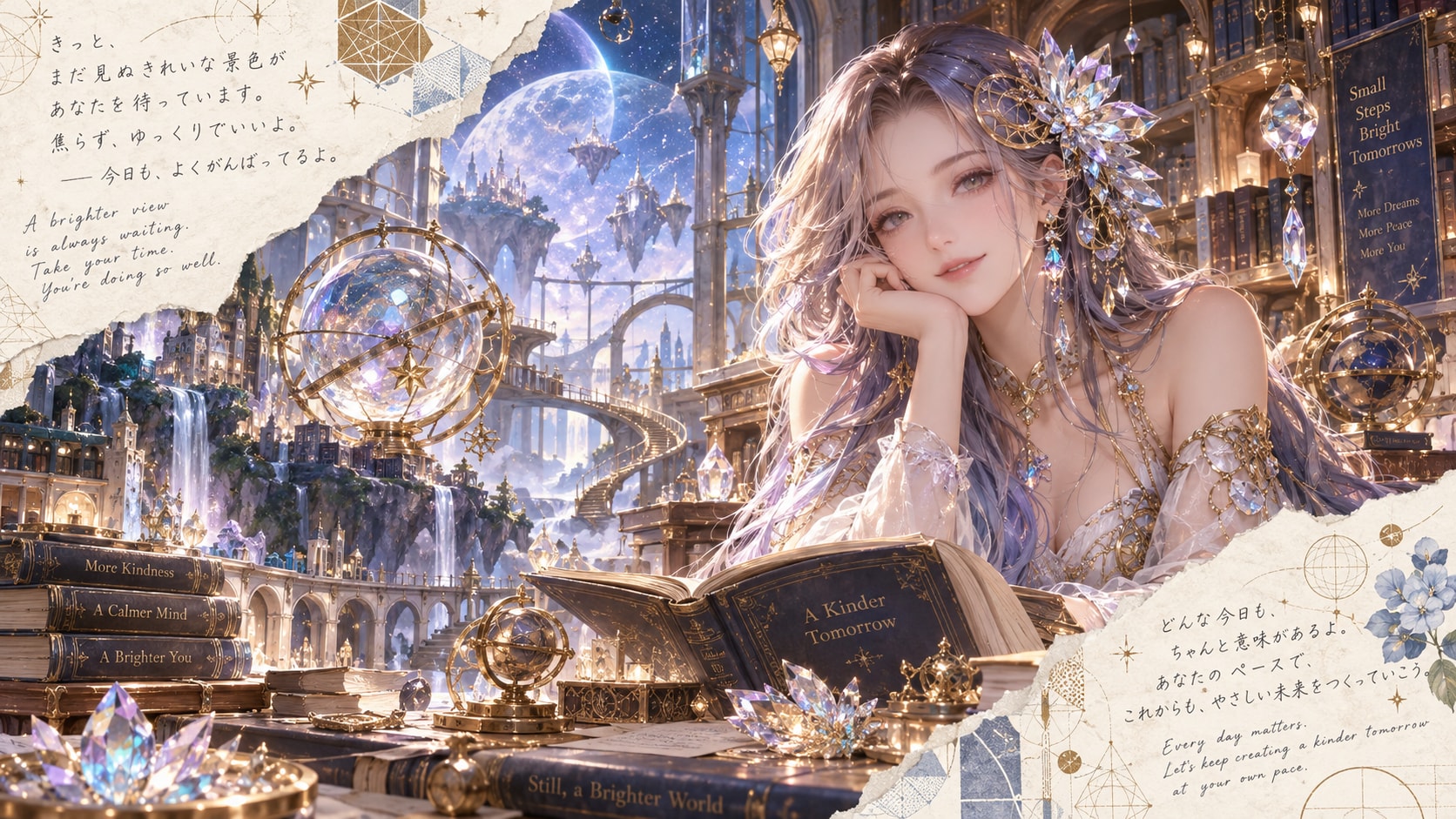 Gentle Magic of the Celestial Library  Inside a grand, celestial library filled with shimmering armi | の人気AIイラスト・グラビア
