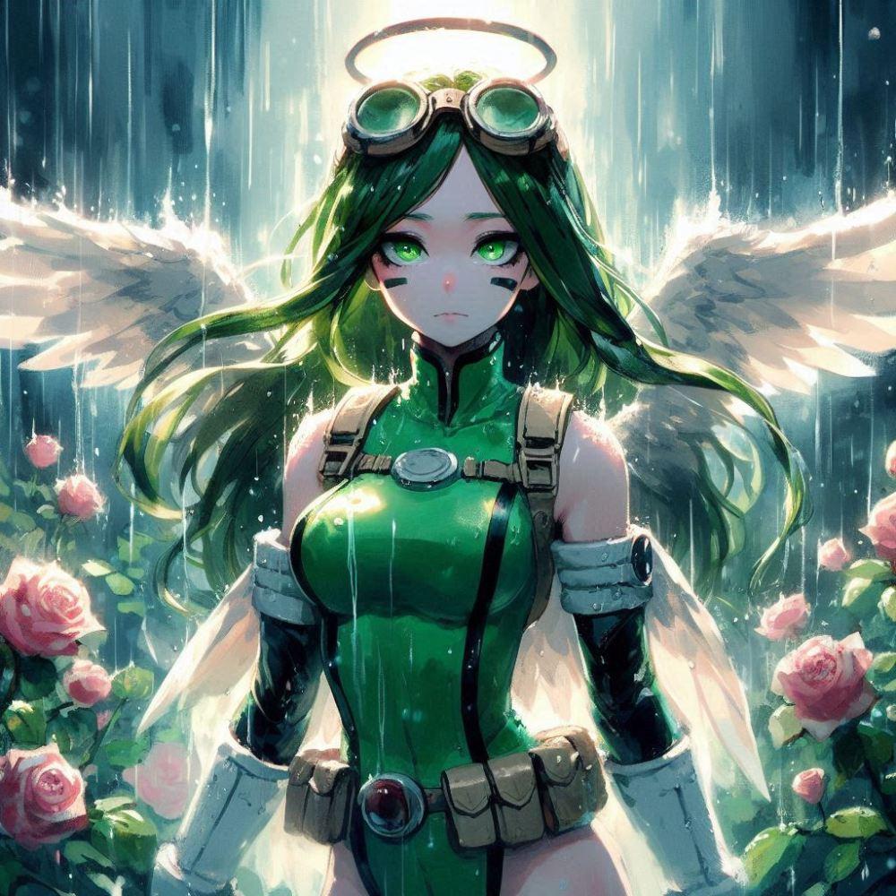 水墨画アニメ風、雨と薔薇と天使ケロイン