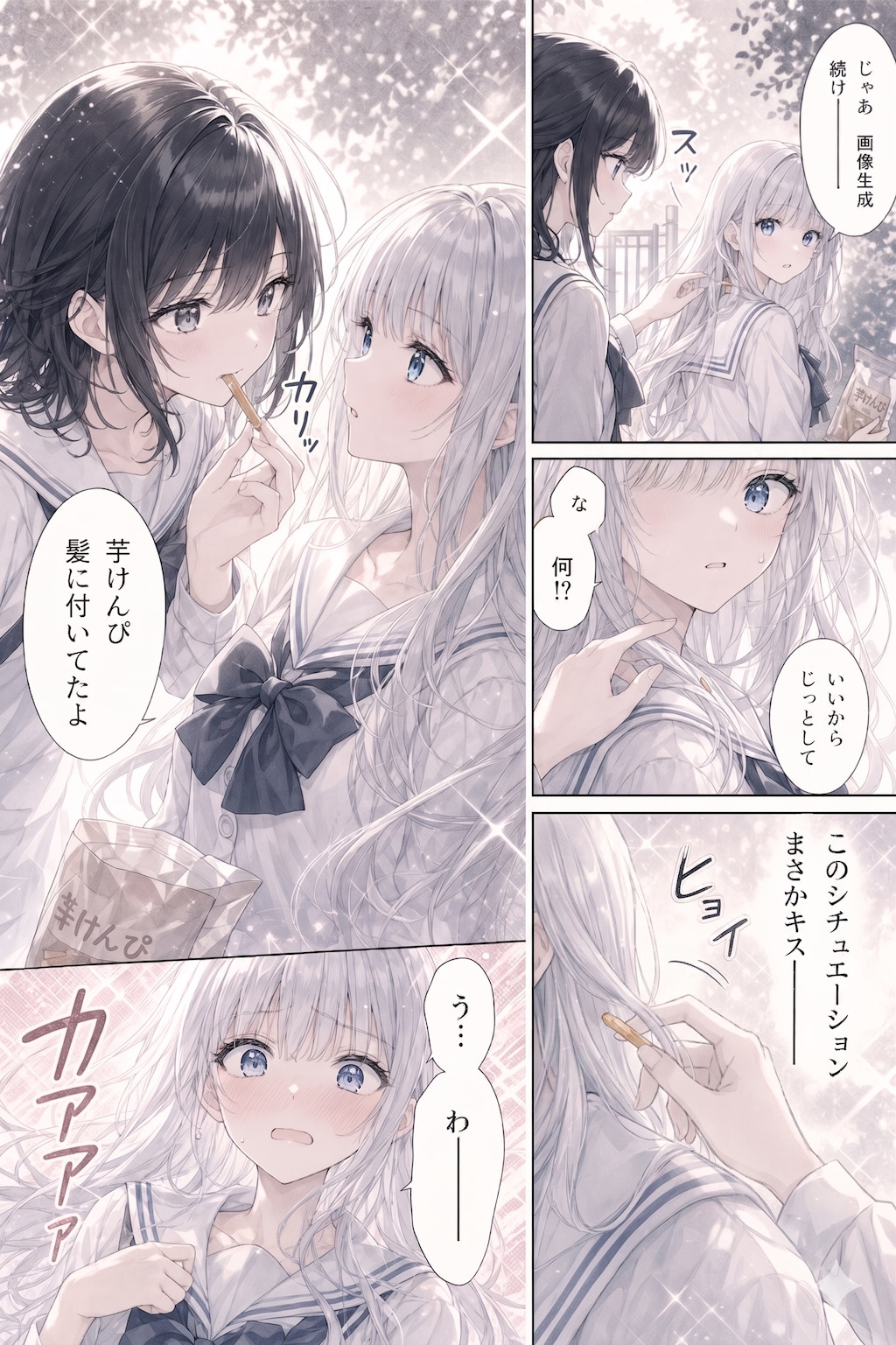 芋けんぴ、髪に付いてたよ