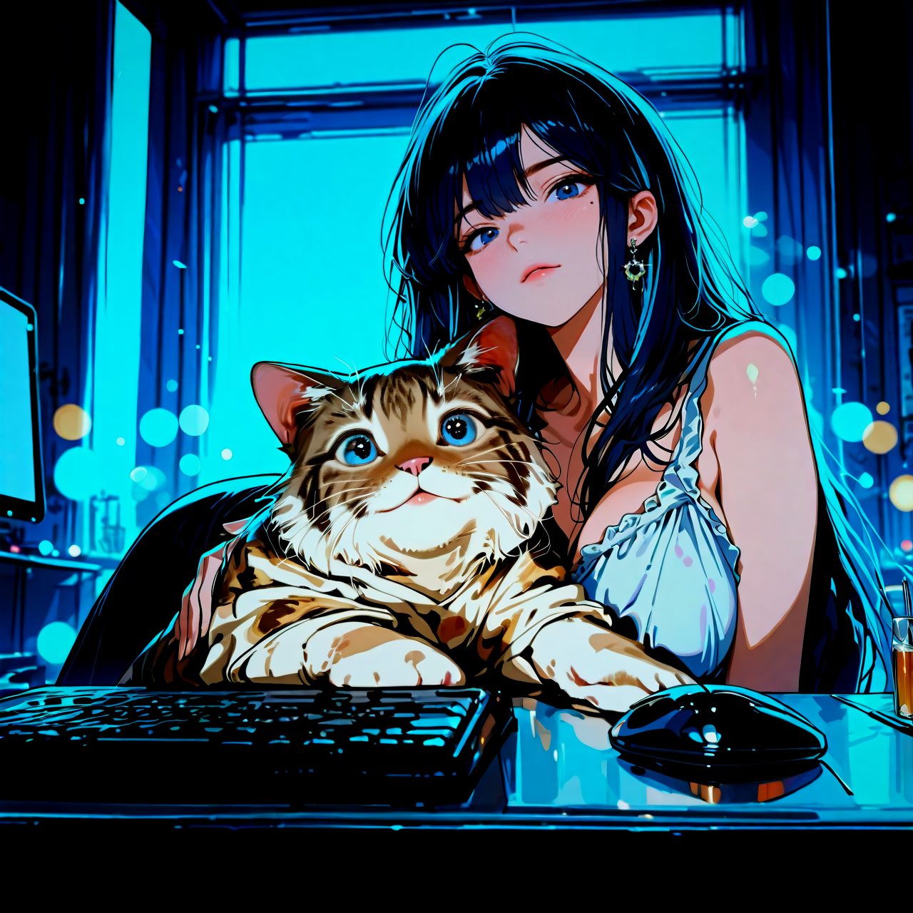 サイバーな夜のふたり、あいと猫ちゃんのPCタイム