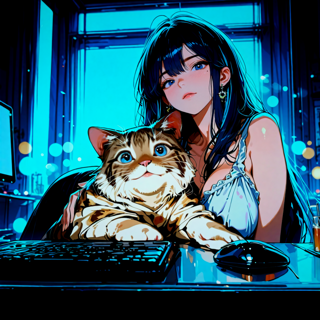 サイバーな夜のふたり、あいと猫ちゃんのPCタイム