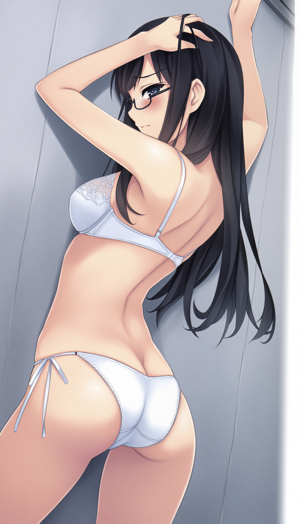 half-closed eyes, hands on wall, white lingerie, ass focus-02