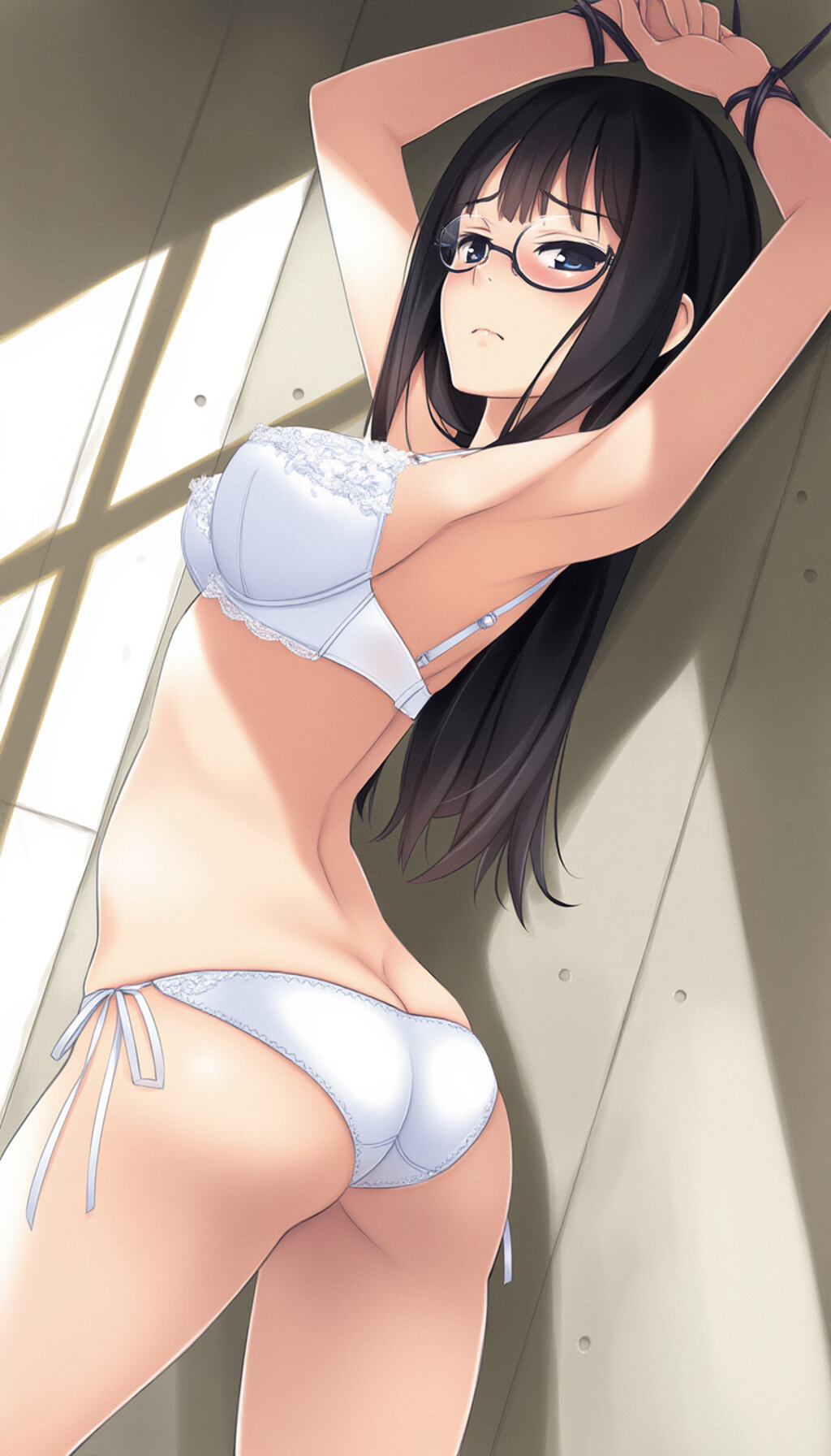 half-closed eyes, hands on wall, white lingerie, ass focus-02