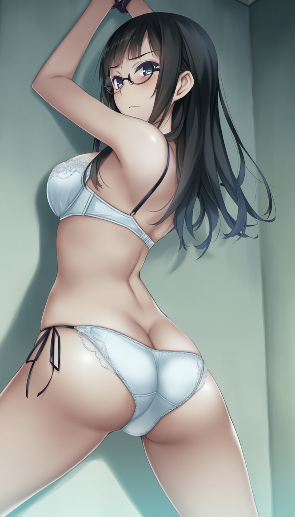 half-closed eyes, hands on wall, white lingerie, ass focus-02