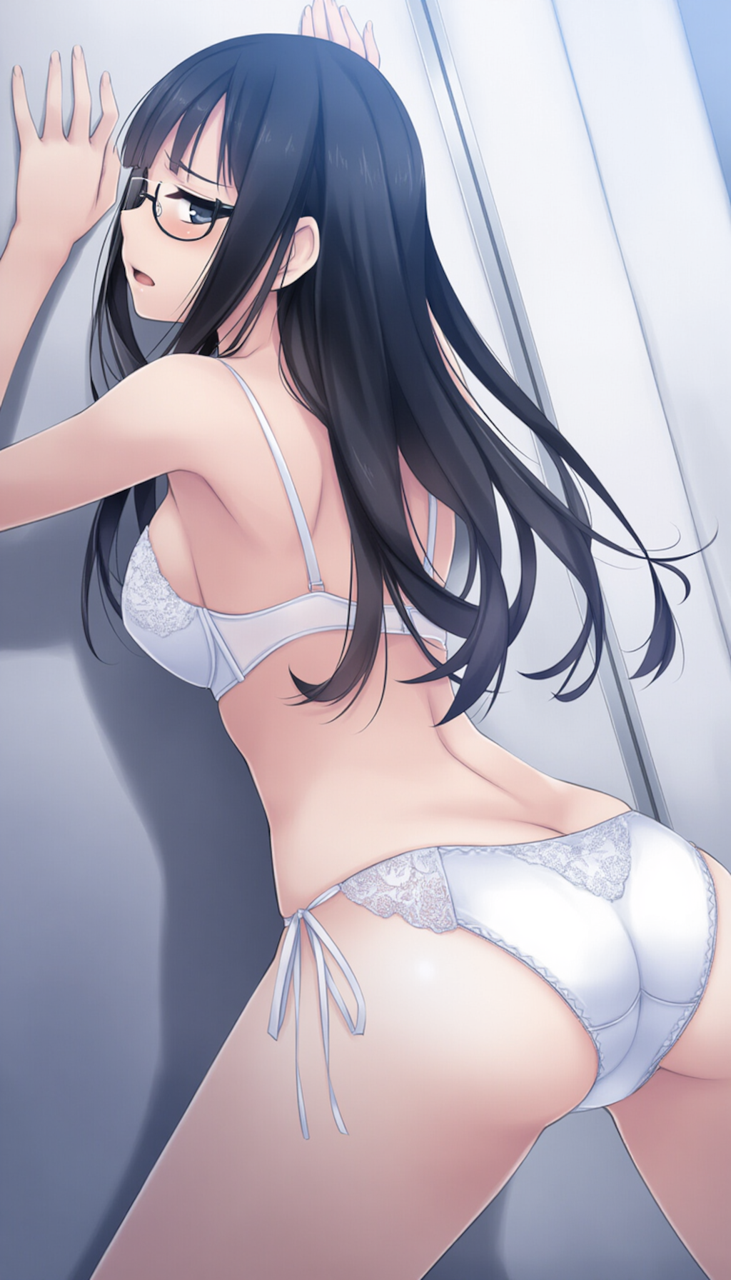 half-closed eyes, hands on wall, white lingerie, ass focus-02