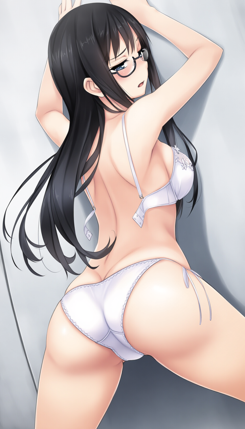 half-closed eyes, hands on wall, white lingerie, ass focus-02