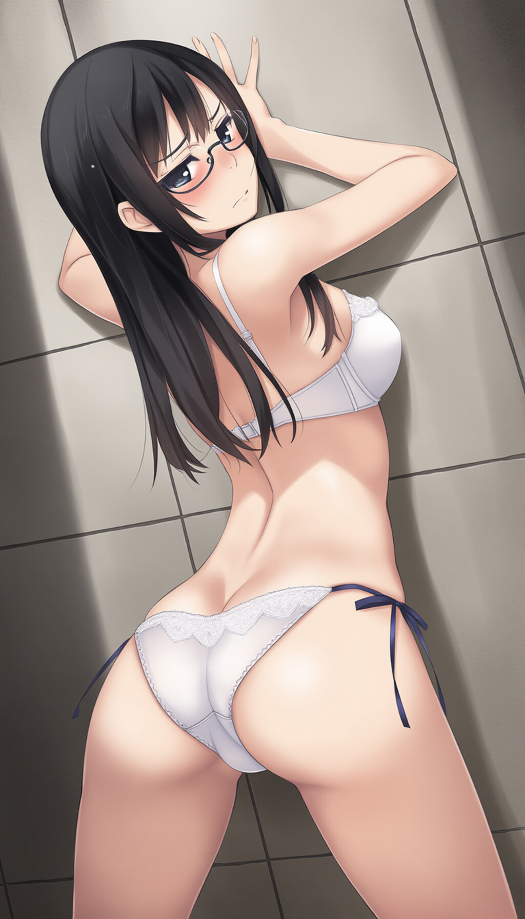 half-closed eyes, hands on wall, white lingerie, ass focus-02