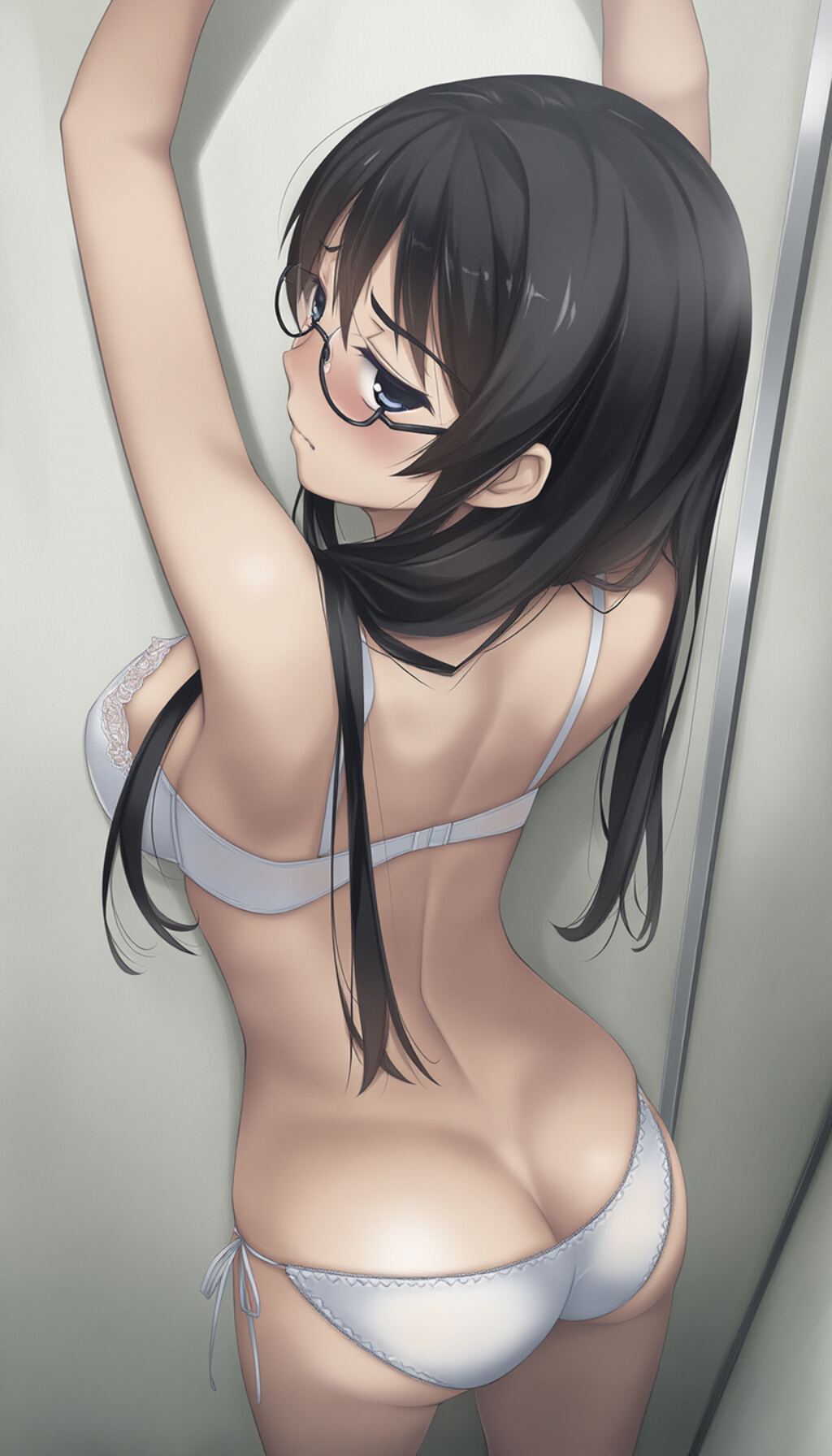 half-closed eyes, hands on wall, white lingerie, ass focus-02