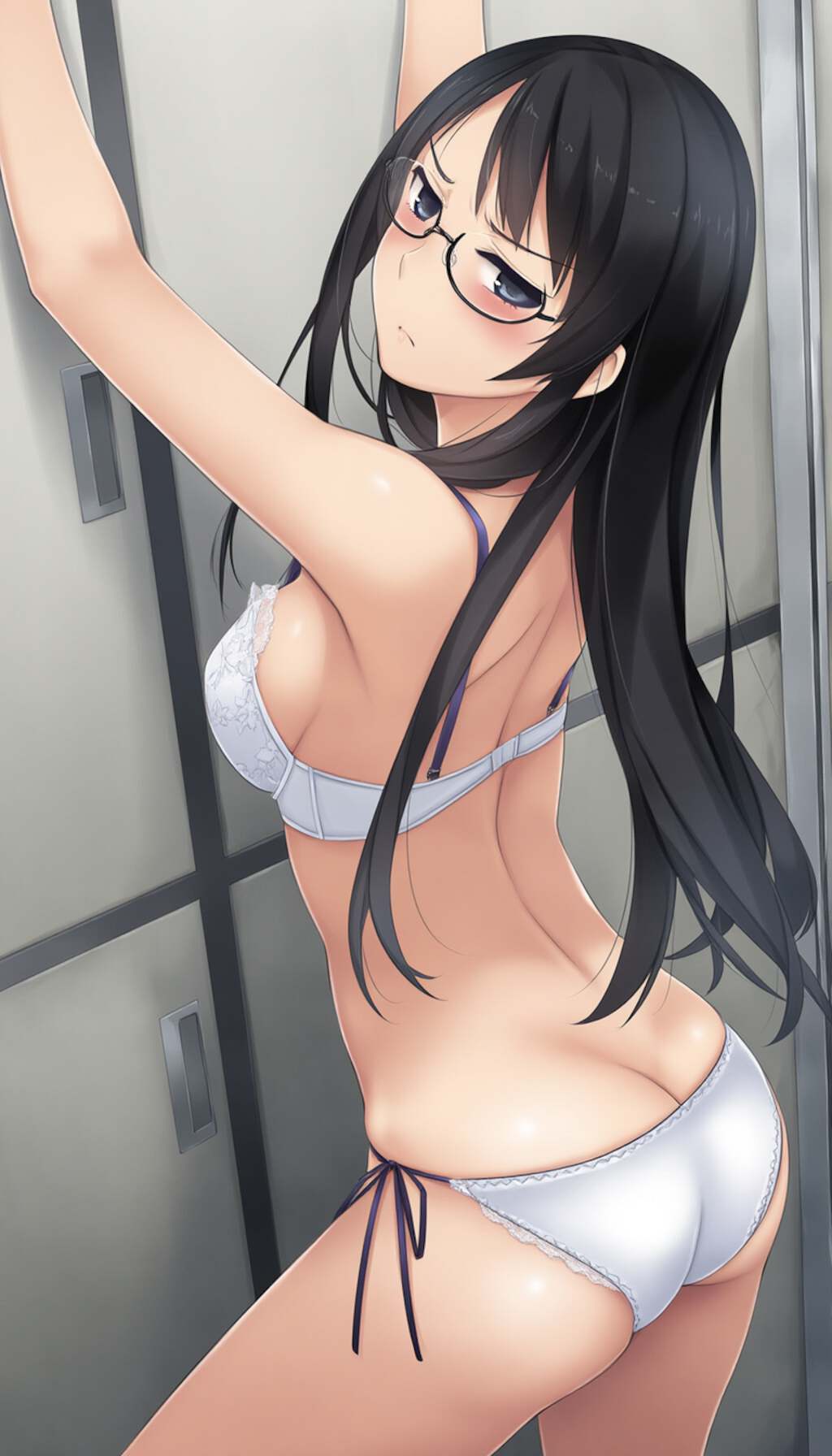 half-closed eyes, hands on wall, white lingerie, ass focus-02