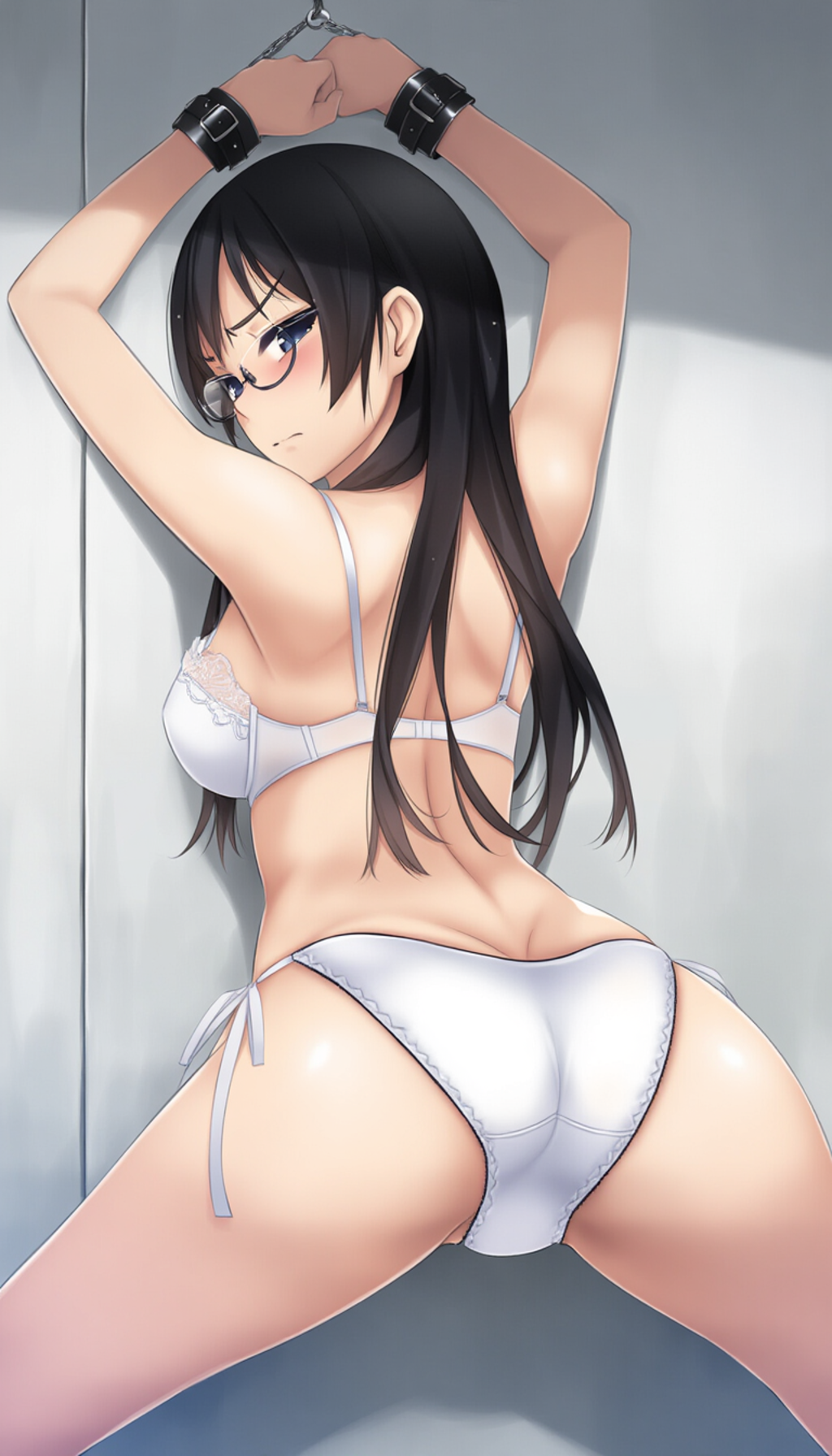 half-closed eyes, hands on wall, white lingerie, ass focus-02