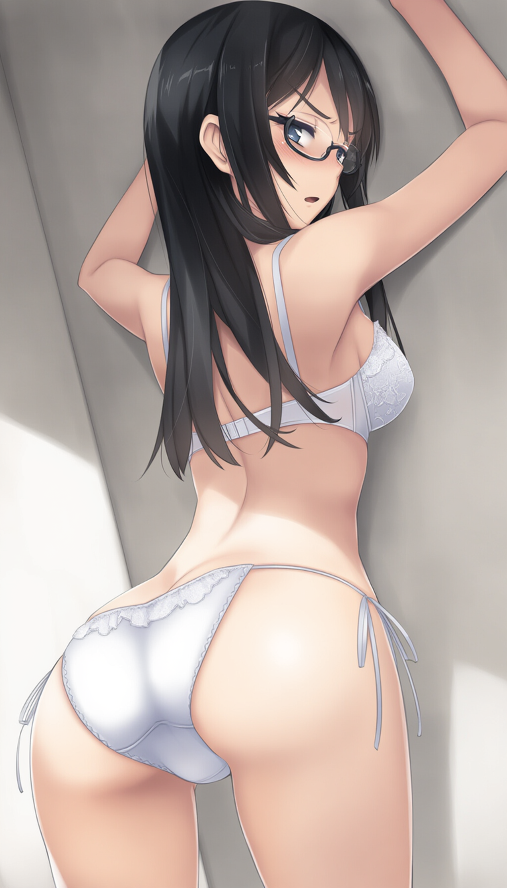 half-closed eyes, hands on wall, white lingerie, ass focus-02