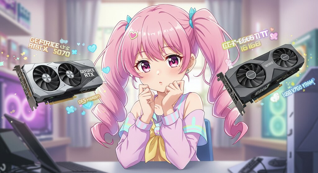 Geforce RTX 5070とRTX 5060 Ti で迷う少女