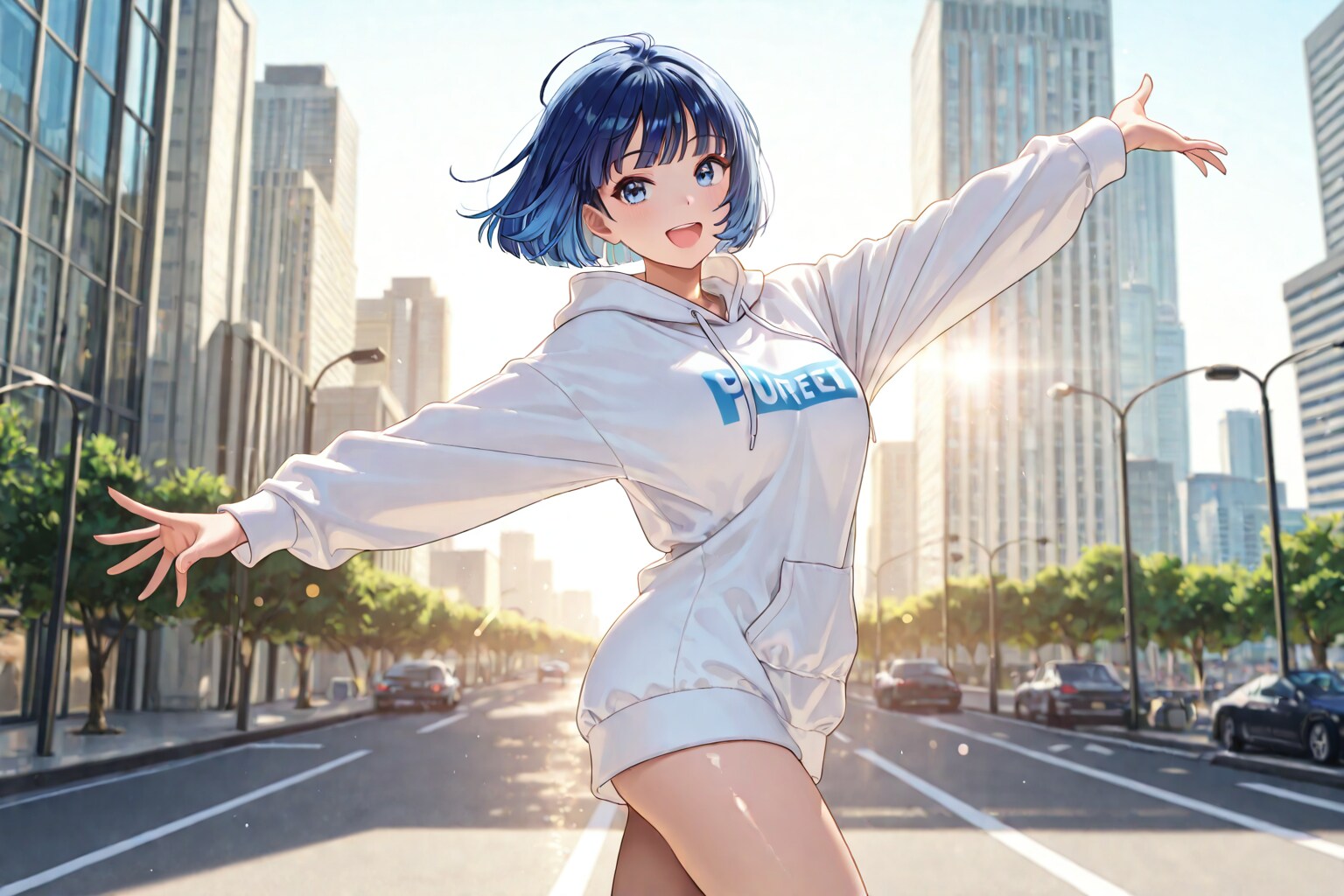 高層ビルの建ち並ぶ都会でダンスするWAVEちゃん