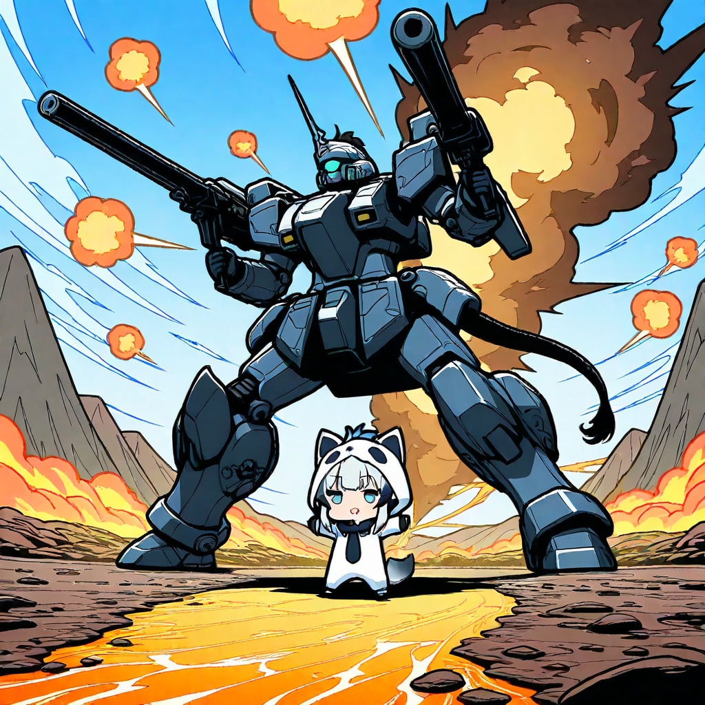 巨大ロボとキリン着ぐるみちび子ちゃん