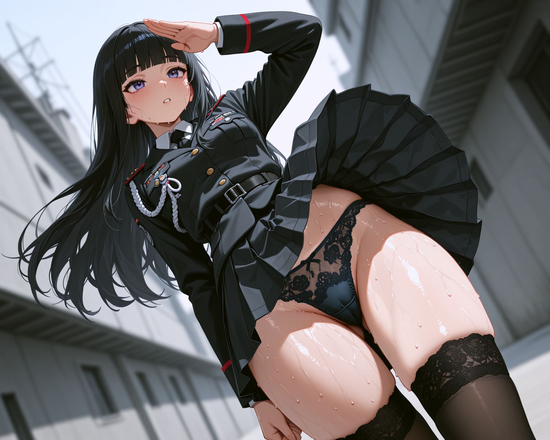 汗っかきの軍服ちゃんに風のいたずらが！