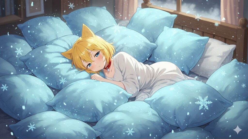 のどがイガイガして鼻がつまって熱っぽいから冷気を宿した魔法の枕をたくさん用意しそこにうずもれて体の火照りを和らげようとしたものの逆にちょっと寒すぎて最初は涼しくて心地よかったけどそのままうとうと…