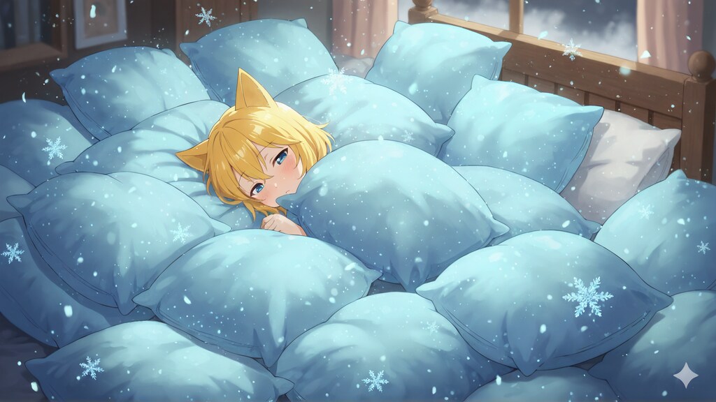 のどがイガイガして鼻がつまって熱っぽいから冷気を宿した魔法の枕をたくさん用意しそこにうずもれて体の火照りを和らげようとしたものの逆にちょっと寒すぎて最初は涼しくて心地よかったけどそのままうとうと…