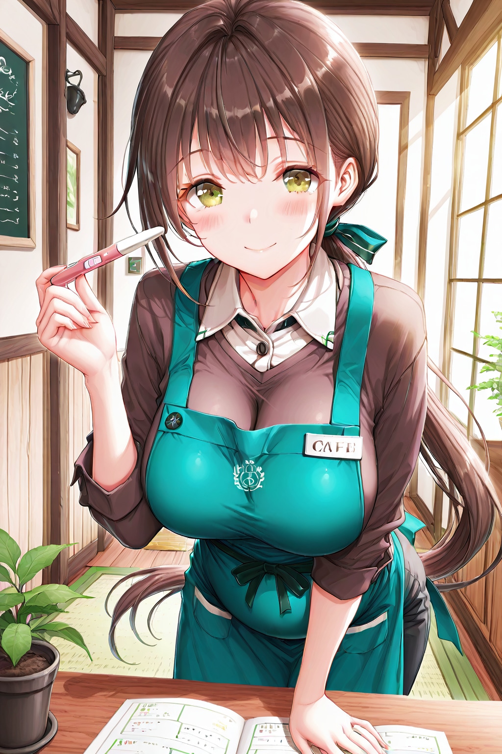 店長に懐妊の報告をする新婚のカフェ店員さん