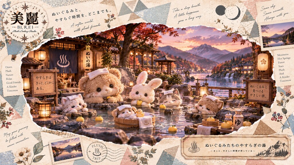 Plush Hot Springs — A Gentle Journey of Rest  A softer world, with plush friends.  Surrounded by aut