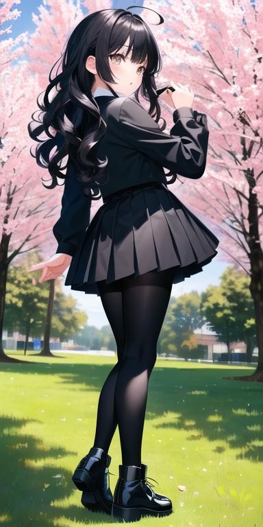 見返り黒セーラーちゃんと桜並木