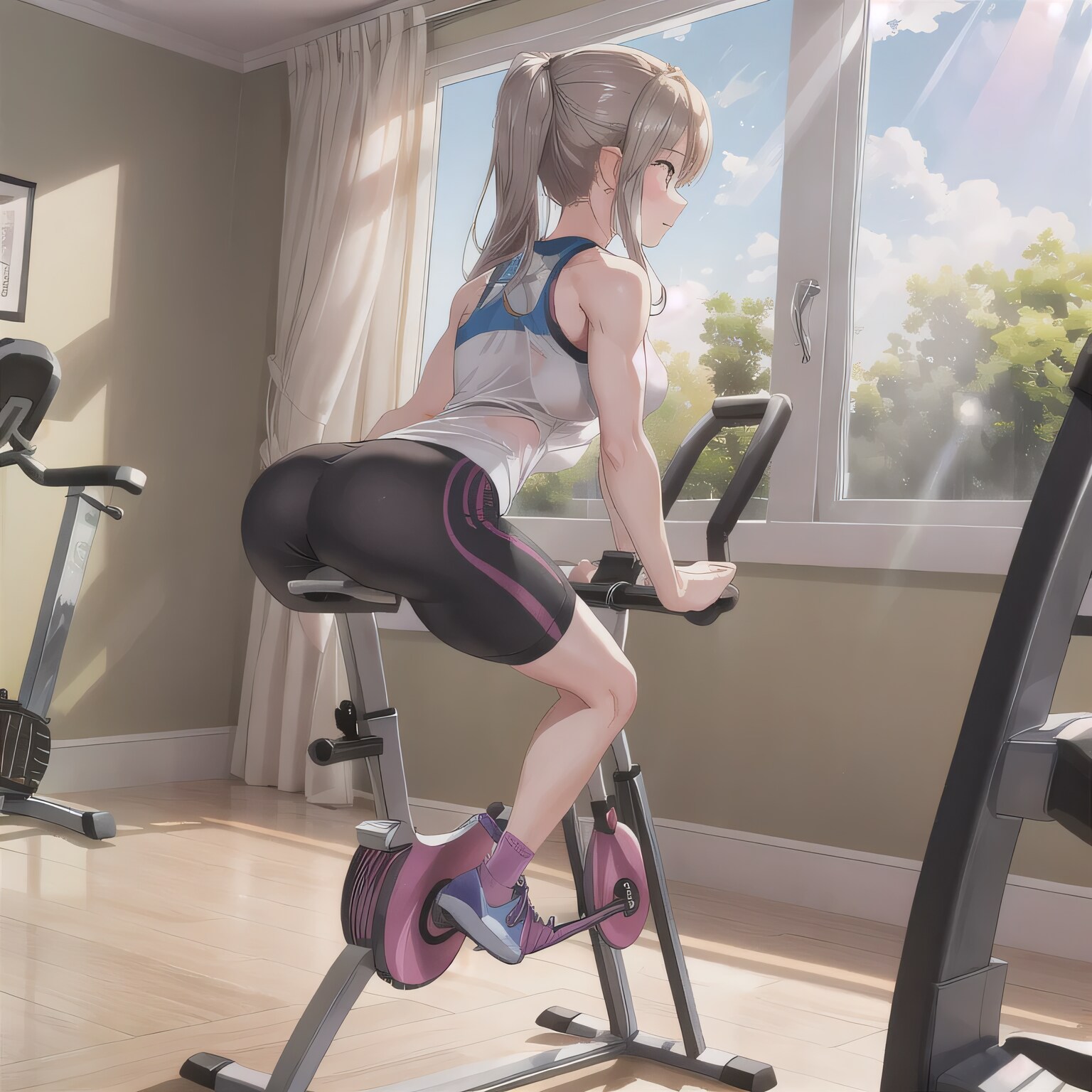 白髪ポニテでエアロバイクの少女２ | の人気AIイラスト・グラビア