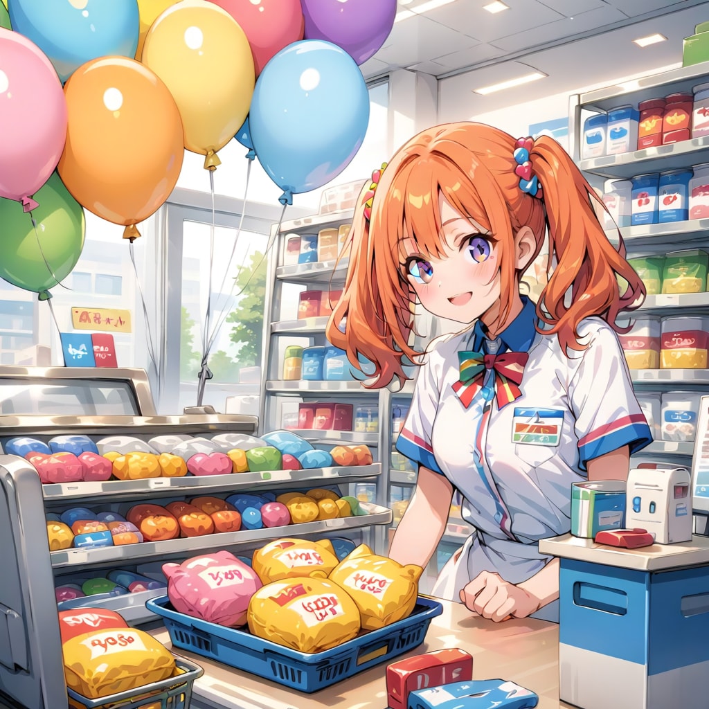 いっぱい色とりどりの風船を持つオレンジ髪ツインテールのコンビニ店員の美女