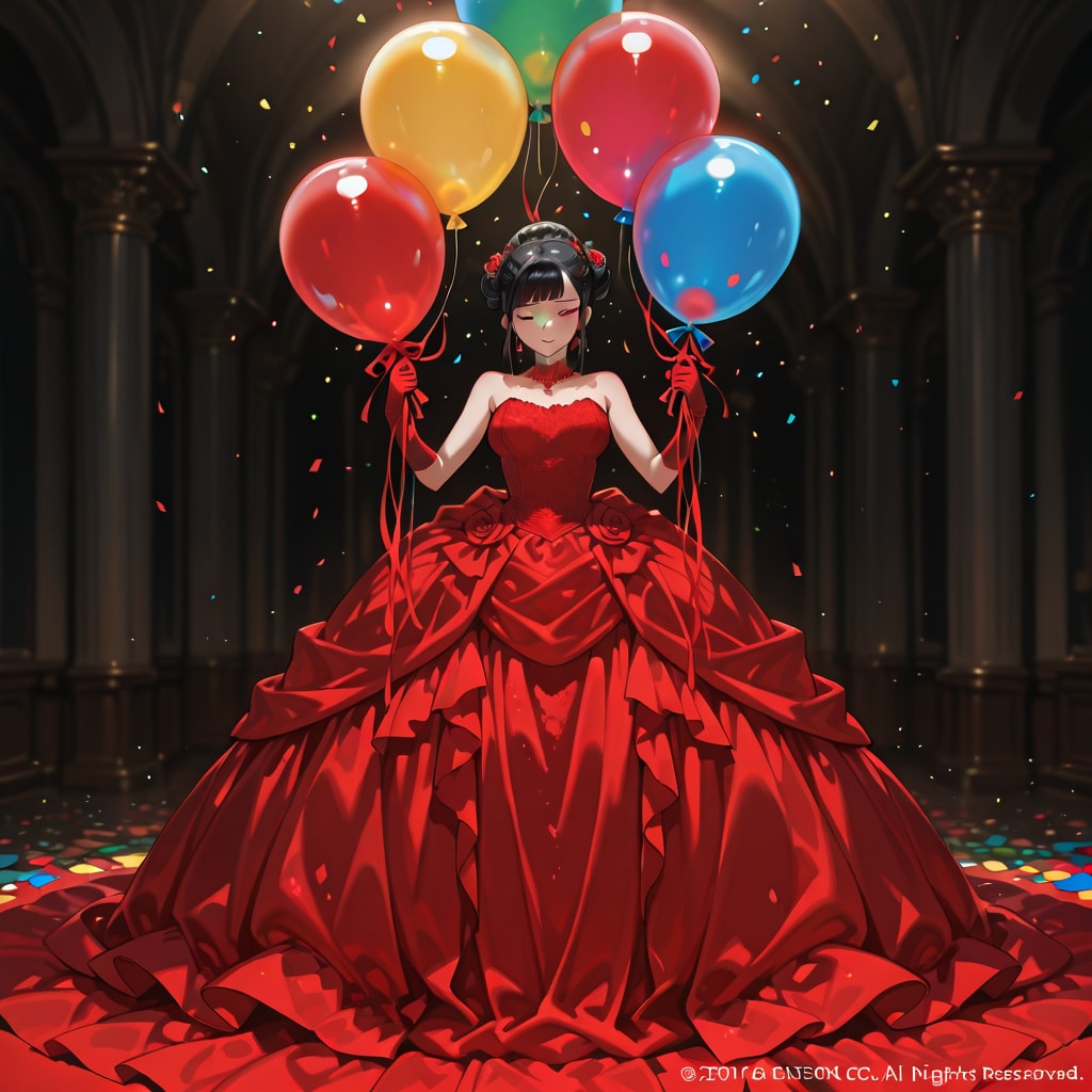 いっぱい色とりどりの風船を持つ赤いウェディングドレス着た黒髪お団子ヘアの美女