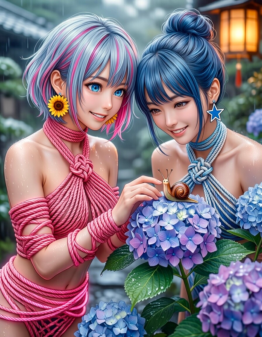 雫ちゃんリンちゃん💧紫陽花とカタツムリにロープファッション💙