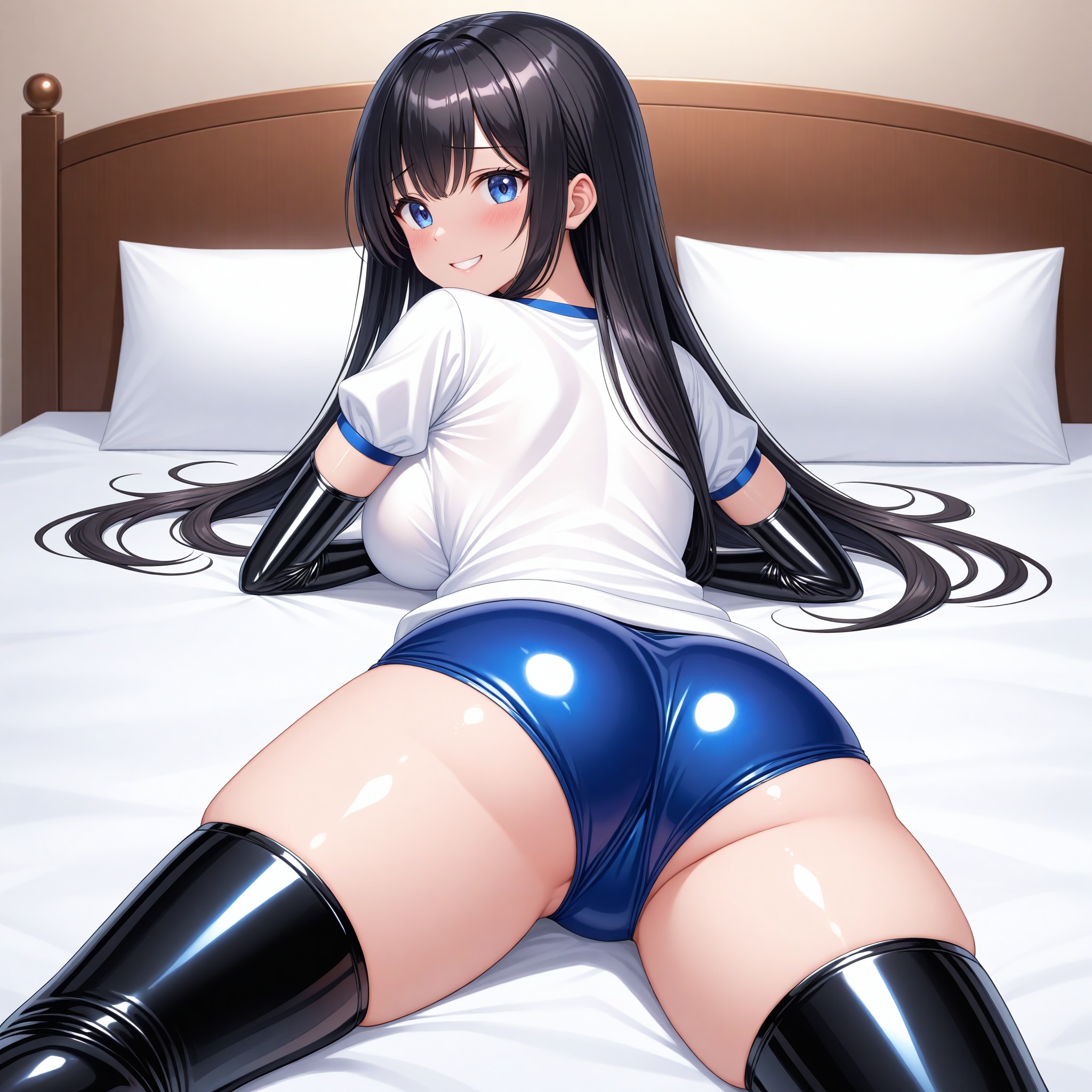 体操服青ブルマ黒エナメル長手袋サイハイソックスうつ伏せ