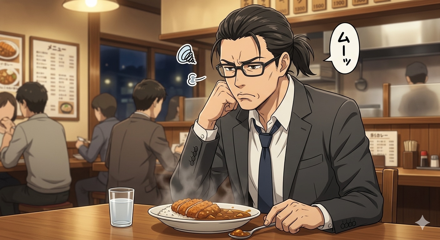 カレーライスを食べながら拗ねているおっさん