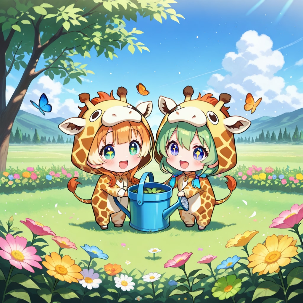 お花に水を用意するキリン着ぐるみちび子ちゃん | の人気AIイラスト・グラビア